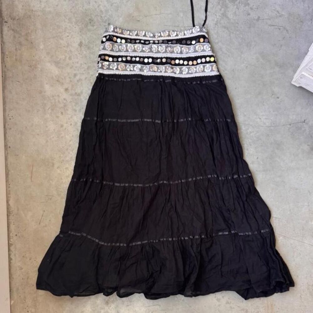 Black maxi skirt silver sequin embellishments lace trim drawstring elastic waist
